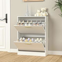 Shoe Cabinet with 2 Flip Drawers - Narrow Shoe Storage Cabinet for Entryway, Freestanding Hidden Shoe Organizer for Hallway, Bedroom, Apartment, White