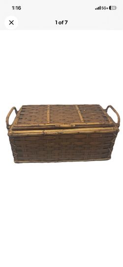 Vintage Bamboo Rattan Woven Storage Trunk Basket Chest Hinged Lid Handles Boho