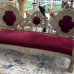 Ornate Baroque Victorian Moroccan Silvered Wood Sofa. Plum Fabric. No Pets Or Smoking. Stunning Lion Panther Heads. A Fortune Years Ago. Great Buy! 