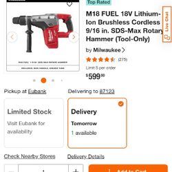 Milwaukee M18 Fuel 18v Lithium Ion Brushless Cordless 9/16 In SDS-max Rotary Hammer 