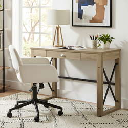 Homy Casa TTULIP+ROSS 2PC Office Furniture Set with Computer Desk and ROSS Beige Chenille Office Chair in Sonoma Oak and Black Open Box