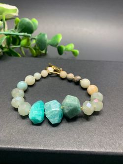 Irregular Natural Stone Open Bracelet Round Glass Beads Clasp Bracelet, Green