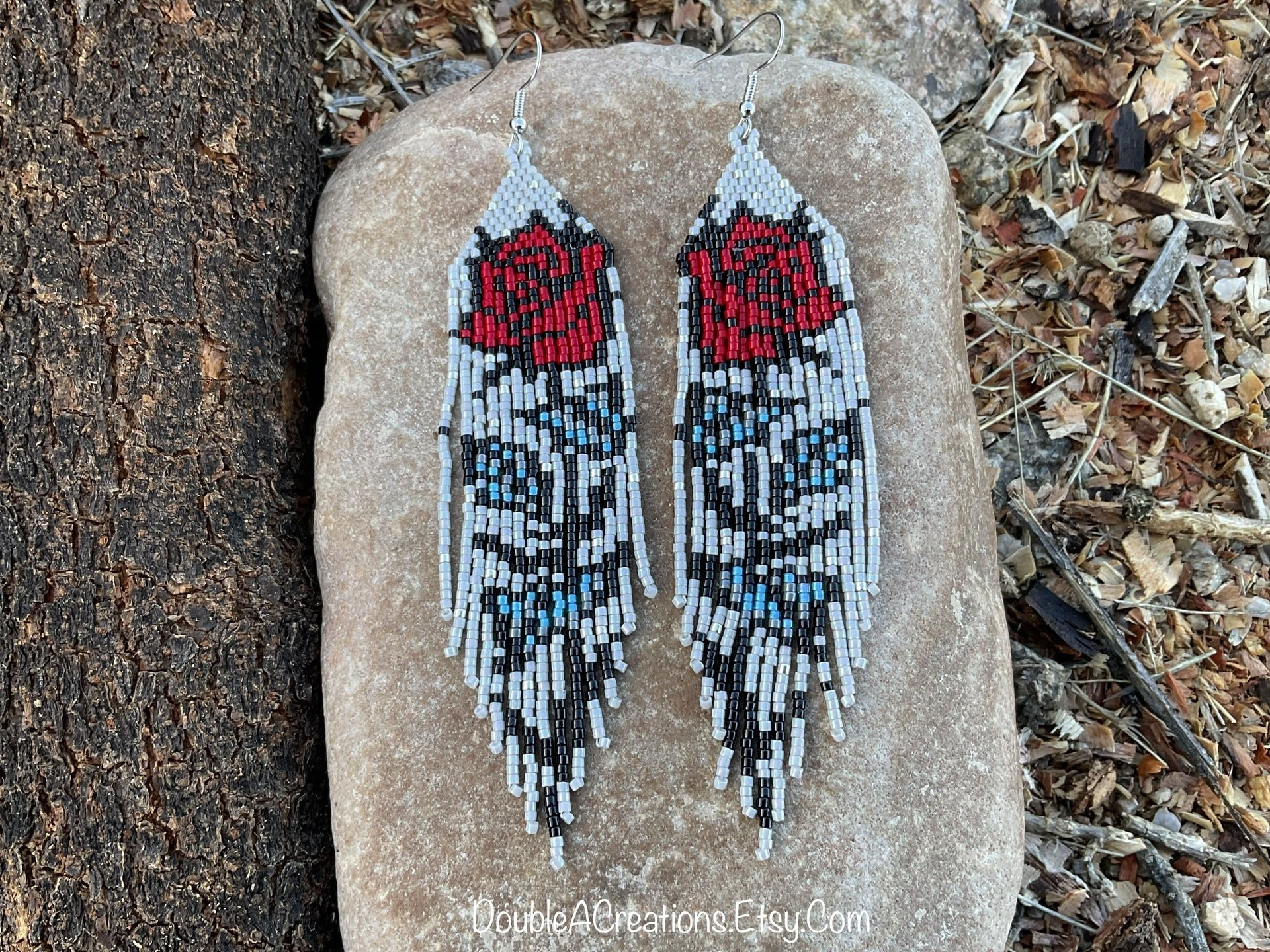 Rose Beaded Earrings, New, Handmade By Me