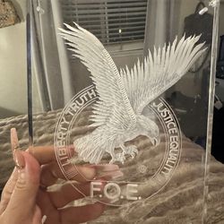 vintage etched acrylic or lucite plaque sculpture