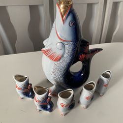 Vintage Fish Decanter Soviet Drinking Set , Porcelain 