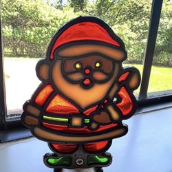 VTG Cast Iron Stained Glass Santa Claus In Original Box with candle 