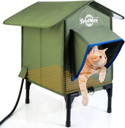 Heated Cat House for Indoor/ Outdoor Cat House with Elevated Base Cat-Attracting Eave Design Feral Stray Shelter Weatherproof 