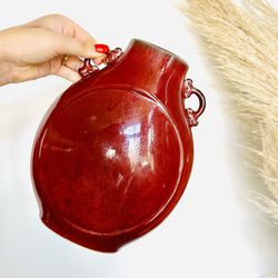 VINTAGE Rich Red Burgundy Ceramic Circular Vase Decor Mid Century Modern Retro