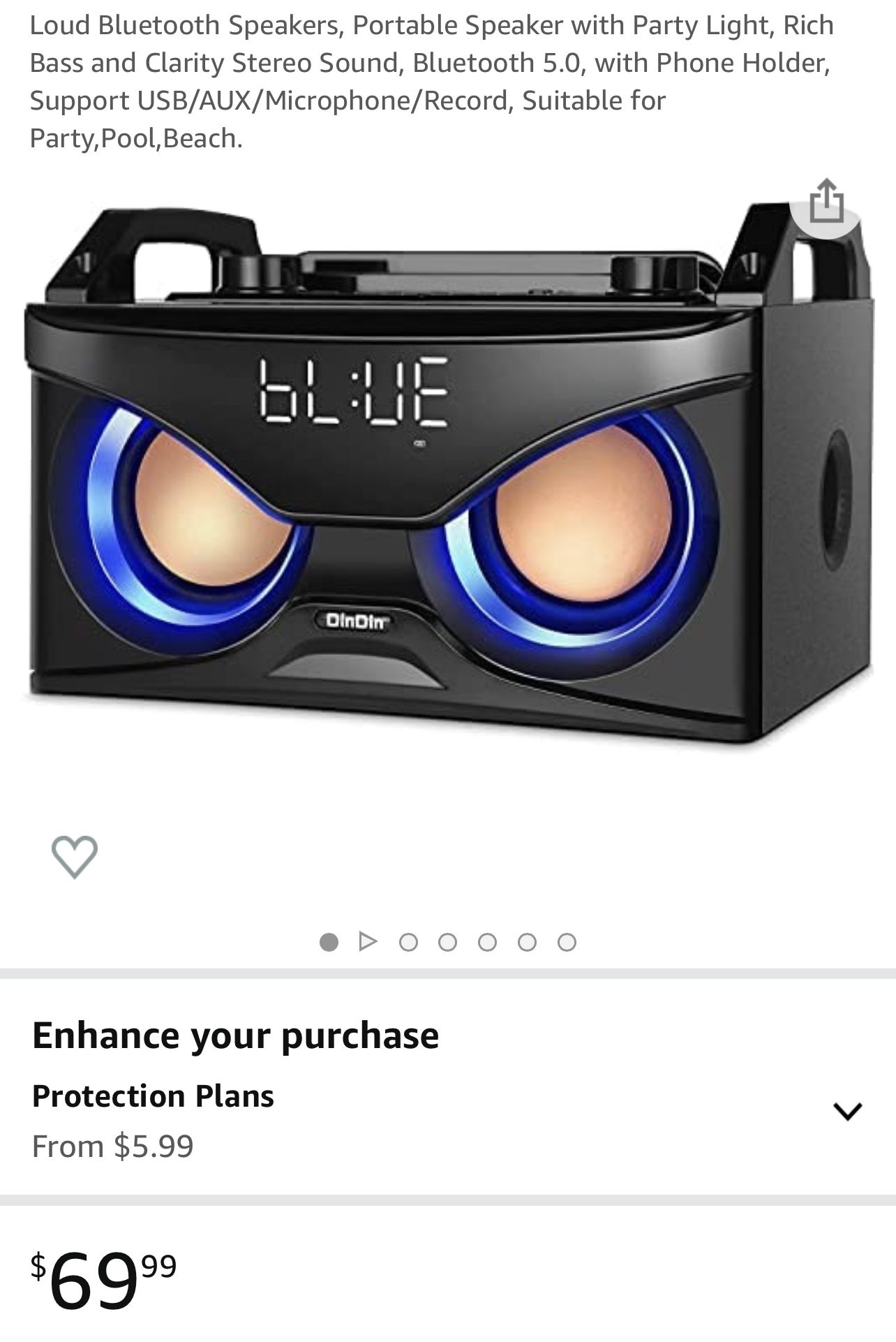 Loud Bluetooth Speaker-Portable w/Party Light, Rich Bass & Clarity Stereo Sound, Bluetooth 5.0, w/Phone Holder, Support USB/AUX/Microphone/Record