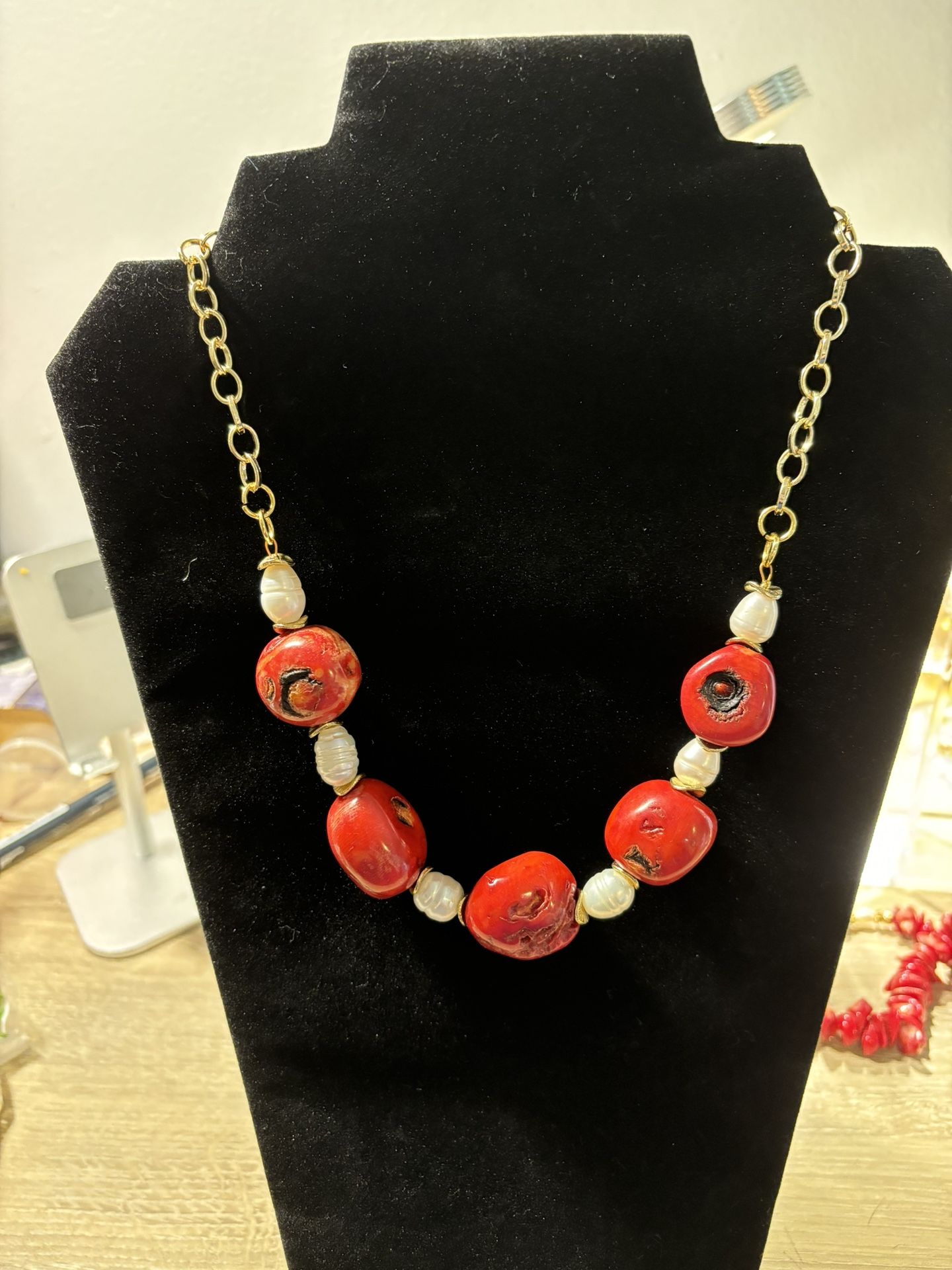 Bamboo Red Coral and pearls Necklace.