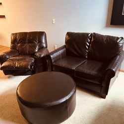 Leather Couch, Recliner, Ottoman