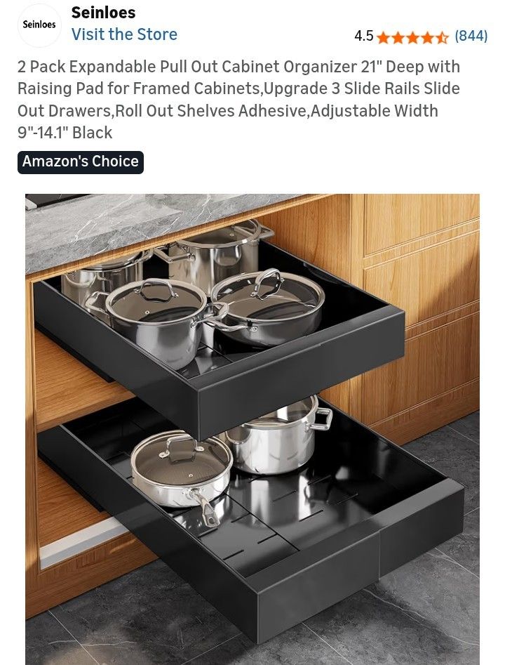 2 Pack Expandable Pull Out Cabinet Organizer 21" Deep with Raising Pad for Framed Cabinets,Upgrade 3 Slide Rails Slide Out Drawers,Roll Out Shelves Ad