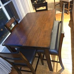 Counter Height Dining Table Set with 6 Chairs & Bench – Dark Wood