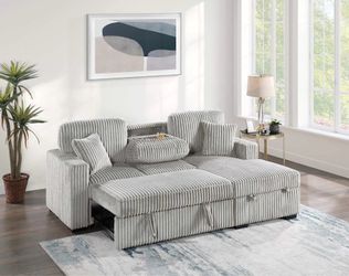2-Piece Convertible Sectional Sleeper Sofa W/Fold-Down Table & Chaise Storage  Color: Ash  2 Piezas seccional convertible en Cama  Nuevo en Caja    📱