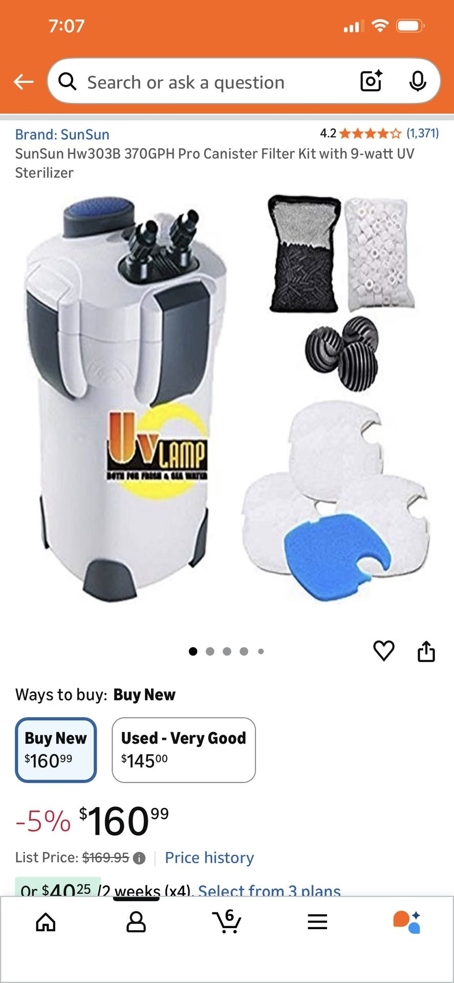 BRAND NEW! SunSun Hw303B 370GPH Pro Aquarium 4 Stage Canister Filter Kit 9-watt UV Sterilizer Light