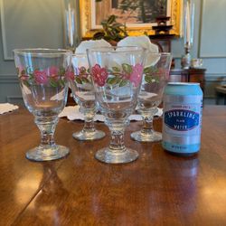 Franciscan Desert Rose Set of 4 Wine / Water Goblet Hand Painted Floral Glass 7”