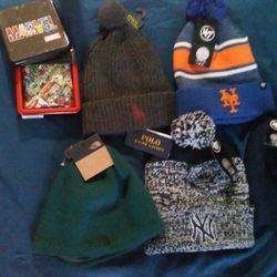 DESIGNER WINTER HATS AN WALLET. OFFICIAL MAJOR LEAGUE, RALPH LAUREN, NORTHFACE. MARVEL WALLET.