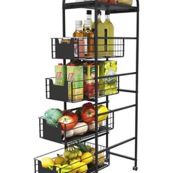 WHIFEA 5 Tier Slim Rolling Cart with Drawers Pull-Out Design Corner Storage Shelf Organizer with Wheels Metal Storage Shelving Unit for Narrow Space,K