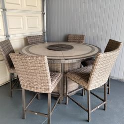 Outdoor patio counter height firepit table with 6 chairs 