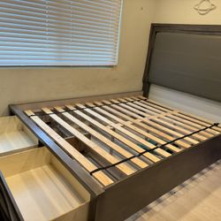 Dark Wood Queen Storage Bed Frame w/ Drawers & Upholstered Headboard