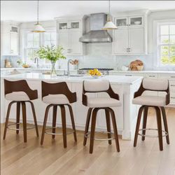 Set of 4 Tan Walnut Wood Frame Premium Faux Leather Swivel Counter Height Bar Stool 26 in. Bar Chairs