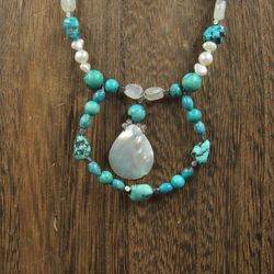 18" Sterling Silver Turquoise Pearl Moonstone And Shell Necklace Vintage

