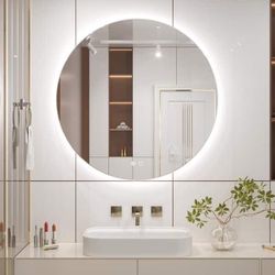 Sirens 24 in. W x 24 in. H Medium Round Frameless LED Dimmable Anti-Fog Wall Mount Bathroom Vanity Mirror in Silver