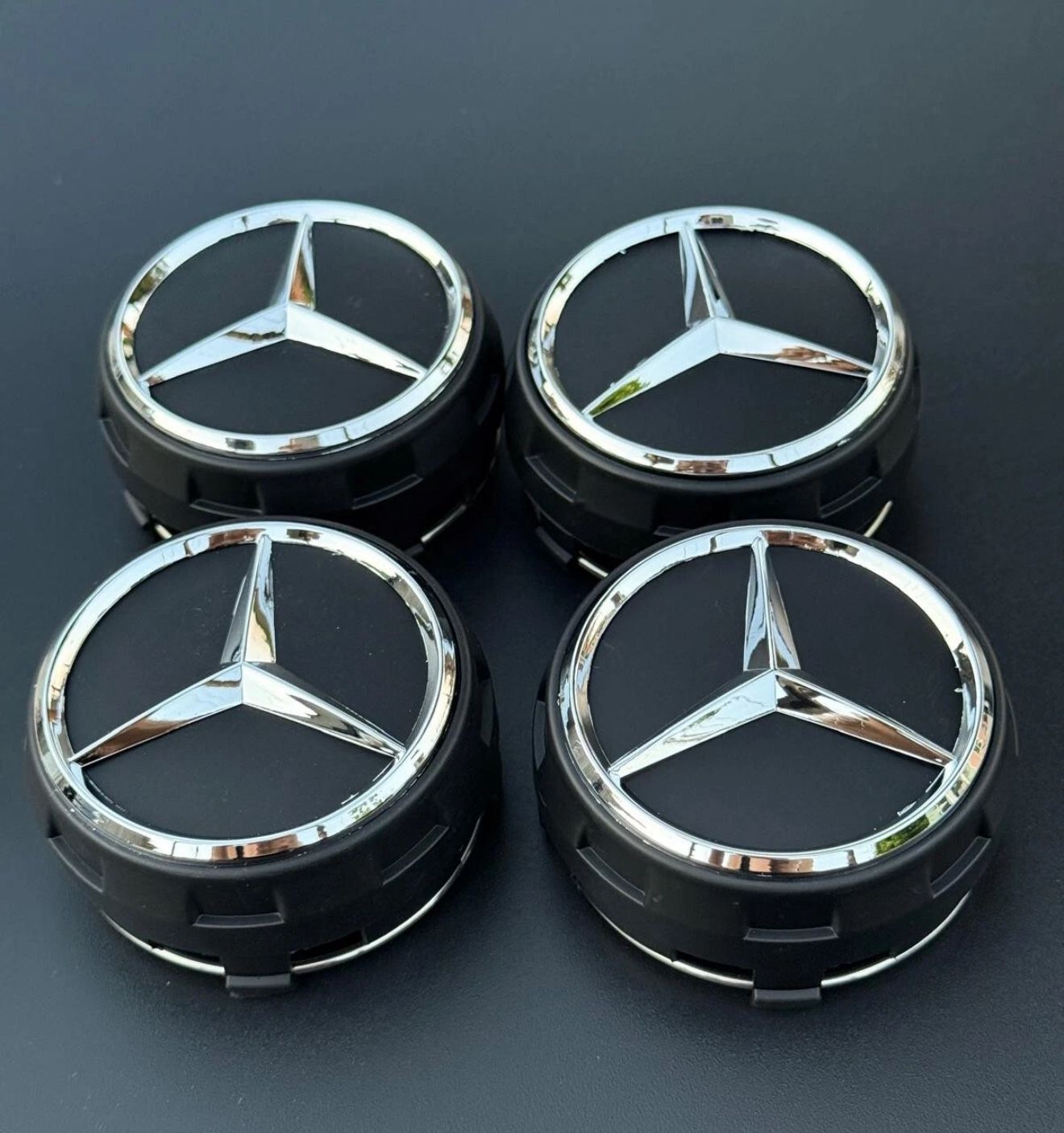 MERCEDES BENZ SET OF 4 BLACK - BLACK OUTLINED 75 mm/2.95in Wheel Center Caps