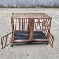 Dog Cage, 43” Gold Stainless Steel Dog Crate Drop Cage,EZ Fold Dog Kennel With Divider & Mat