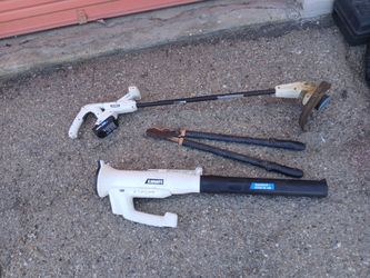 4 tems for sale 1,yard tools1 hart blower with charger a battery.2,super bright rechargeable light.3brand new hearing aids.and 4 bowler from Mario bro
