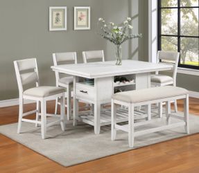 WHITE COUNTER HEIGHT DINING TABLE WITH CHAIRS AND BENCH