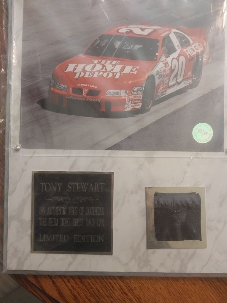 Tony Stewart Race Used Tire Piece 1999 Home Depot With COA Plaque