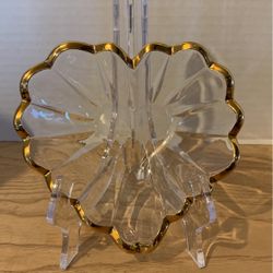 Heart Shaped Dish, Clear, Ruffled, Gold Border, Vintage  A21
