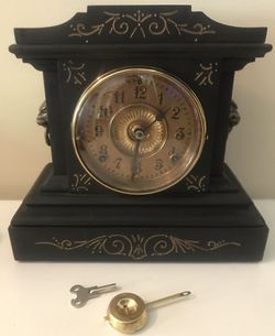 Antique Ansonia Black Cast Iron Mantle Clock Lion Head Sides Gong Chime