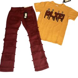 Burgundy Stacked Demin Pants/ Shirt Set