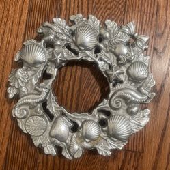Vintage Pewter Shell Seahorse Crab Wreath Trivet Wall Decor 9” Seashore