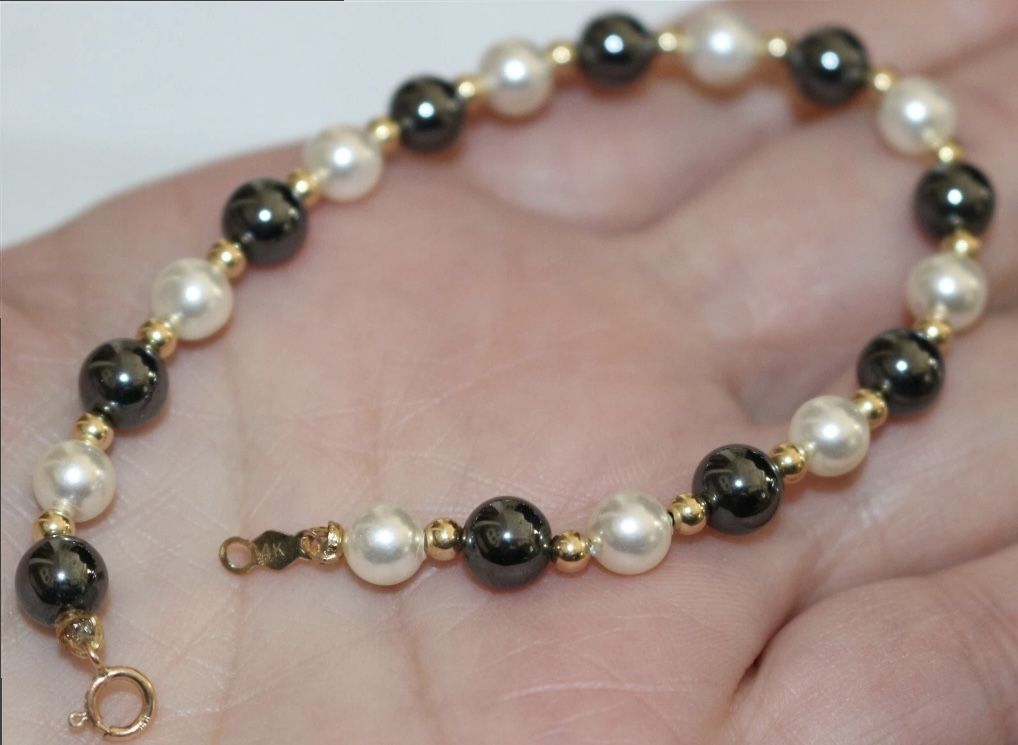 Solid 14K Yellow Gold Pearl & Gemstone Bracelet 