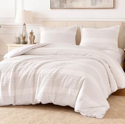 New Full Size Duvet Cover Waffle Weave 3-Piece Cotton-Like Soft Bedding Set Dark Grey Striped