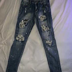 Dark blue Money Graphic ripped Skinny Jeans 