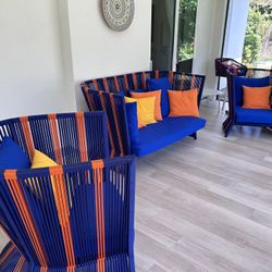 Patio Set Table Couch Chairs + High chairs 9 Pieces Orange Blue 