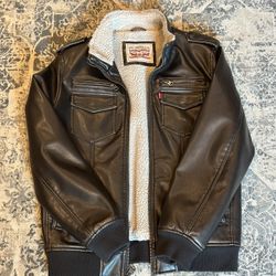 Levi Strauss & Co. Leather Bomber Jacket Mens Medium Full Zip Fleece Lined Brown
