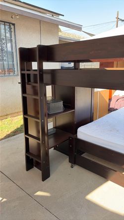 Dark Brown Wood Loft Bunk Bed with Shelves