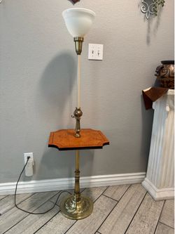 Mid-20th Century Stiffel Brass Floor Lamp With Intergrated Wooden Table 52.25” H