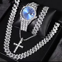 🔥 BRAND NEW Cuban Necklace & Bracelet Set + Watch & Jesus Piece – 22” 🔥