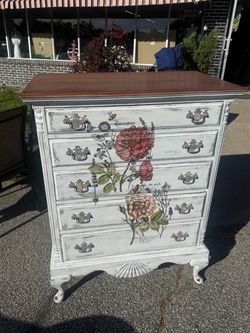 Shabby Chic Floral Dresser – Wood Top & Vintage Hardware