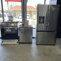 Samsung Kitchen Bundle - 30” Gas Range, Dishwasher, & 36” Counter Depth Refrigerator 