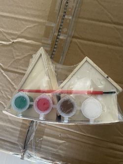Craft Box Of Tiny Wood Houses With Paint & Brush