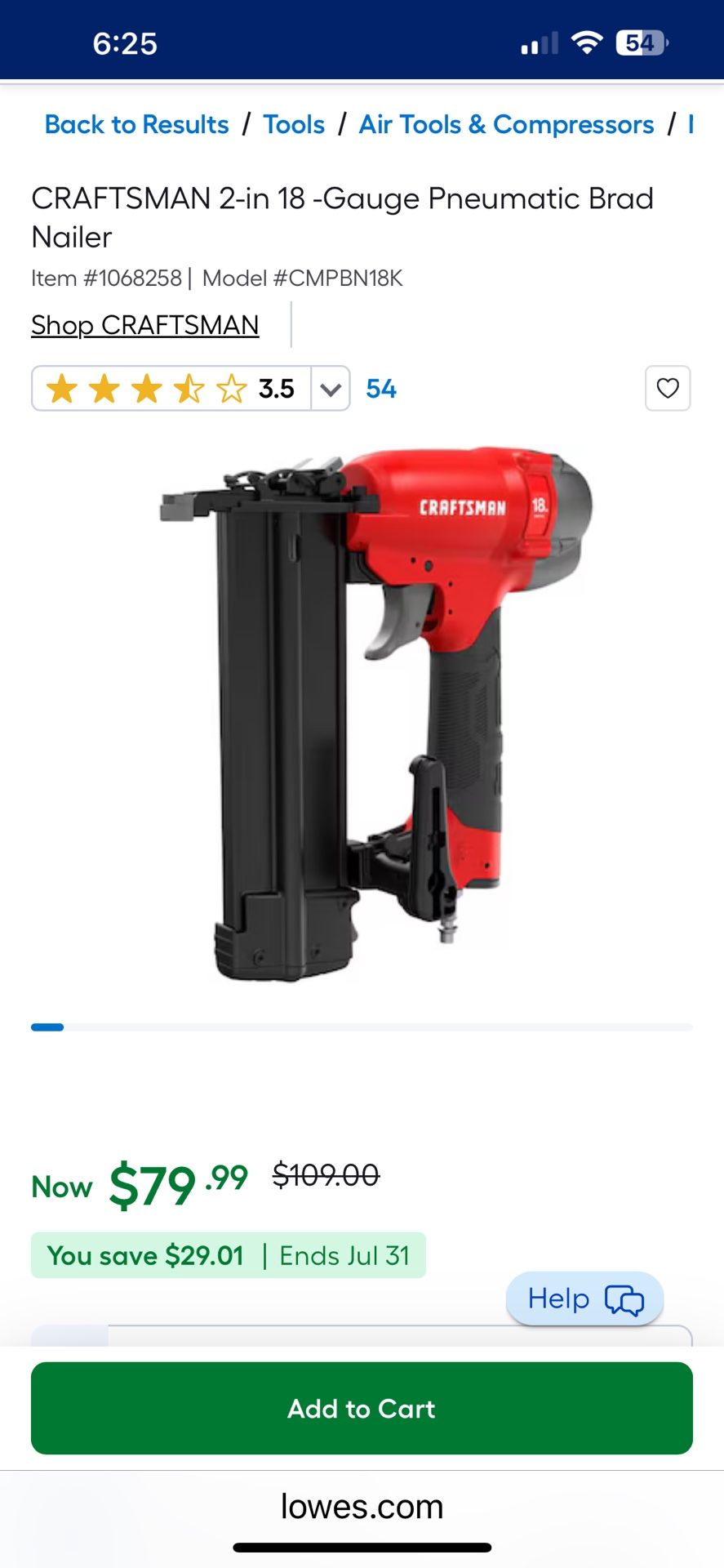 CRAFTSMAN 18 Gauge Pneumatic Brad Nailer