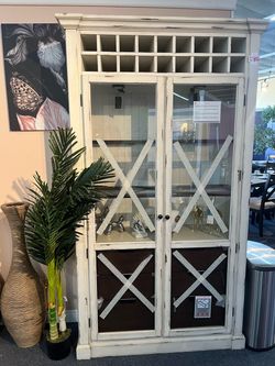 Distressed White Wood Display Cabinet with Glass Doors,$850