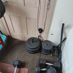 100lbs Vinyl Weights W/5 Foot Barbell And Two Sets Of Clamps With Set Of  25lb Dumbbells 